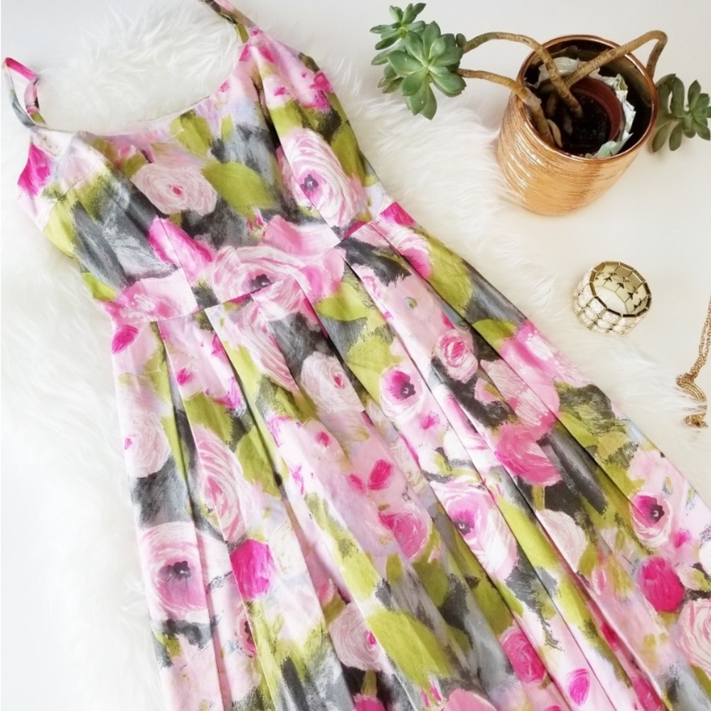 Trina Turk Watercolor Roses Floral A-Line Pleated Dress - Picture 6 of 10